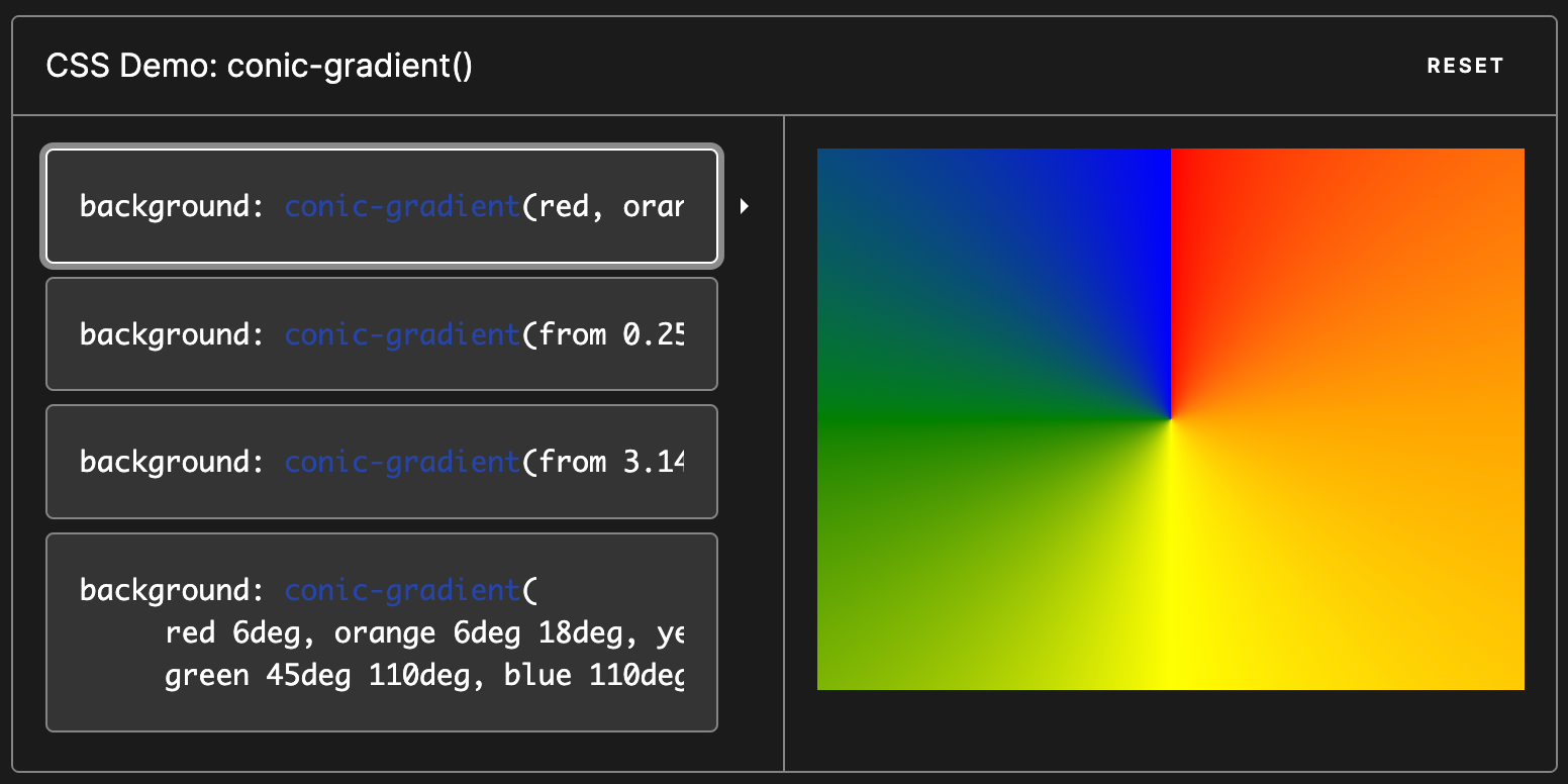 A screenshot of the MDN playground for conic gradients